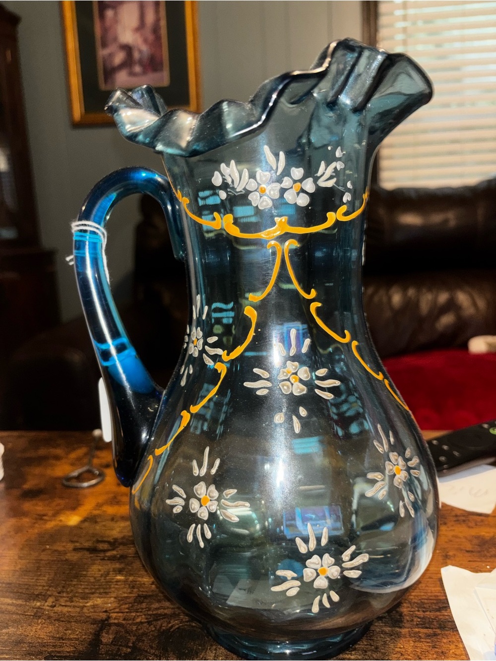 Vintage Hand-Painted Teal Glass Pitcher with Floral Motif